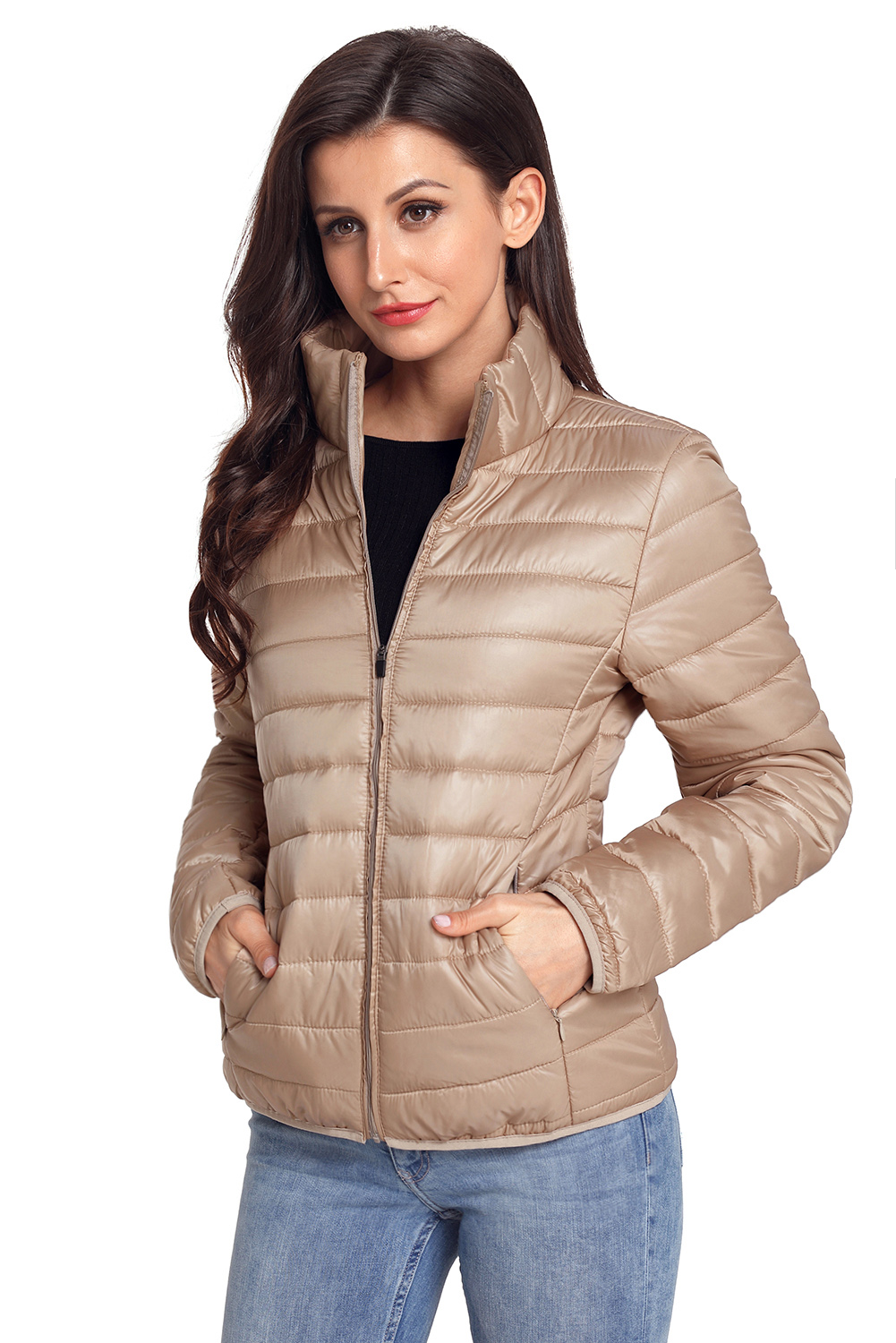 BY85126-18 Khaki High Neck Quilted Cotton Jacket